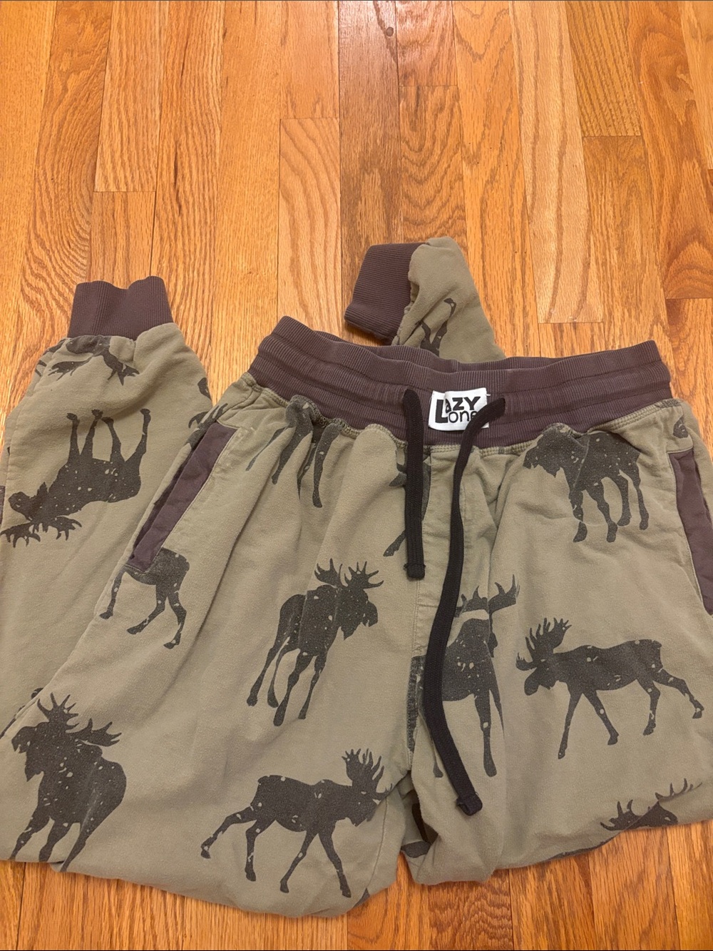Lazy One Olive Green & Dark Brown Moose Print Jogger Pants - Picture 2 of 3
